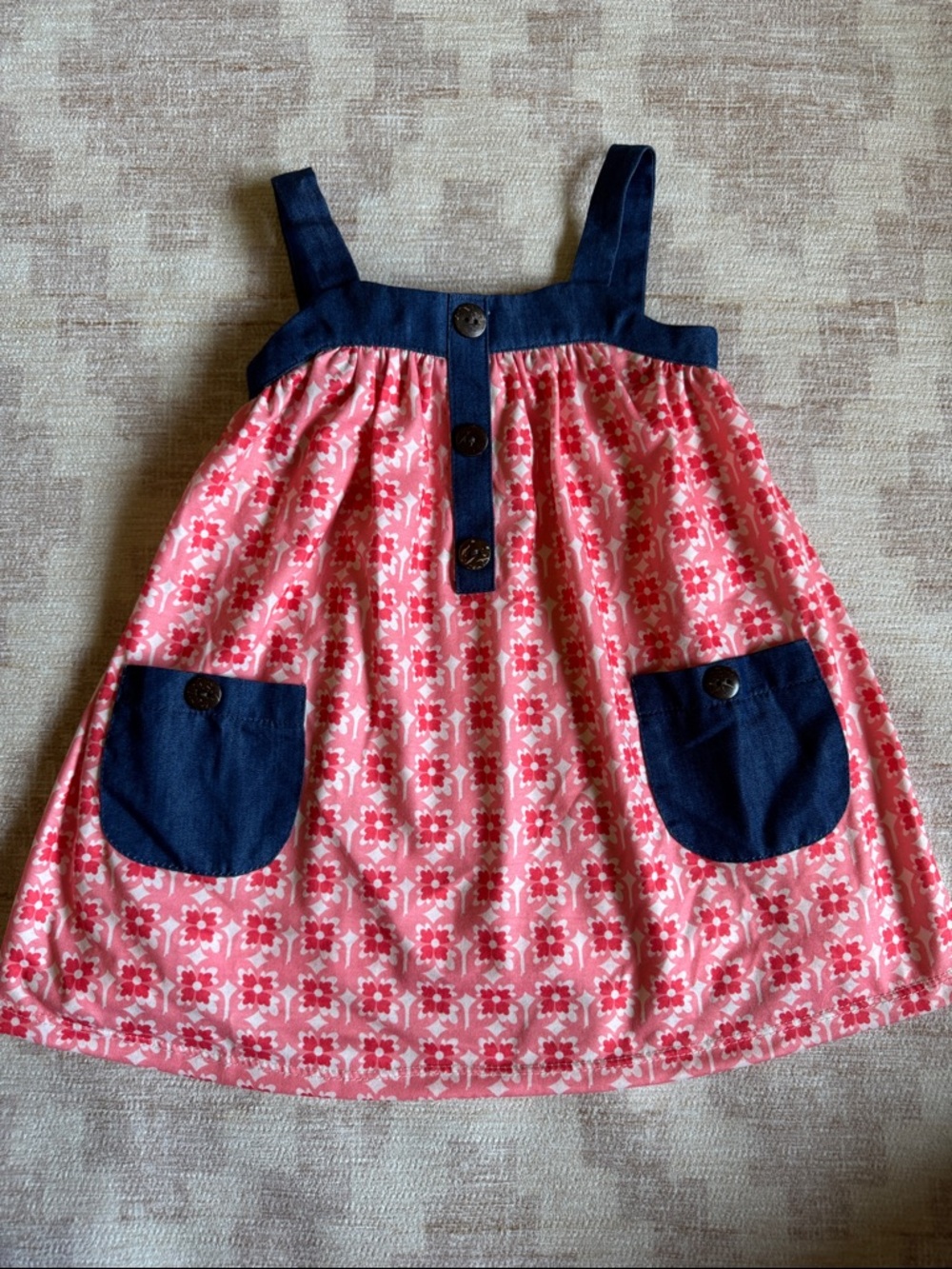 Bonnie Baby Pink Summer Dress with Navy Denim Trim and Pockets size 12M